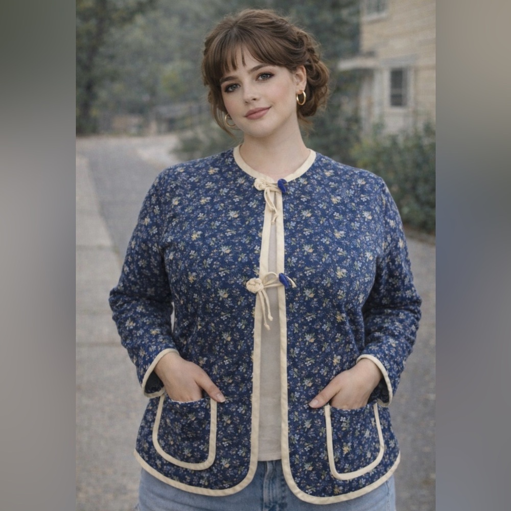 *Vintage 80s - handmade blue calico jacket/ Volup/ XL